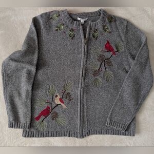 Knit Cardigan With Embroidered Cardinal Birds And Beading
